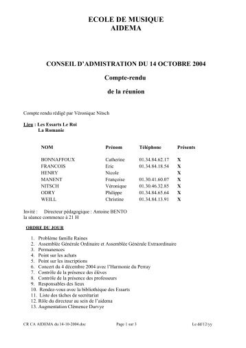 ECOLE DE MUSIQUE AIDEMA CONSEIL D'ADMISTRATION DU 14 ...