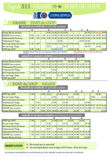 Ligne et horaires tam 511 Grasse / Pont du Loup - Locations-06.fr