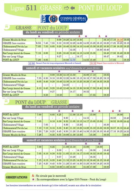 Ligne et horaires tam 511 Grasse / Pont du Loup - Locations-06.fr