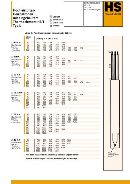 Heizpatronen mit eingebautem Thermoelement HS/T Typ L