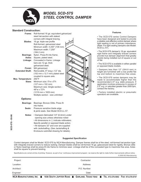 MODEL SCD-57S STEEL CONTROL DAMPER - NCA Manufacturing