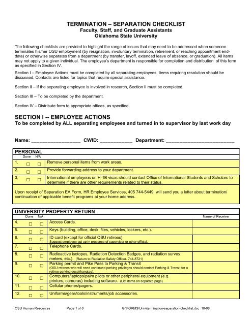 termination â separation checklist - University Research Compliance