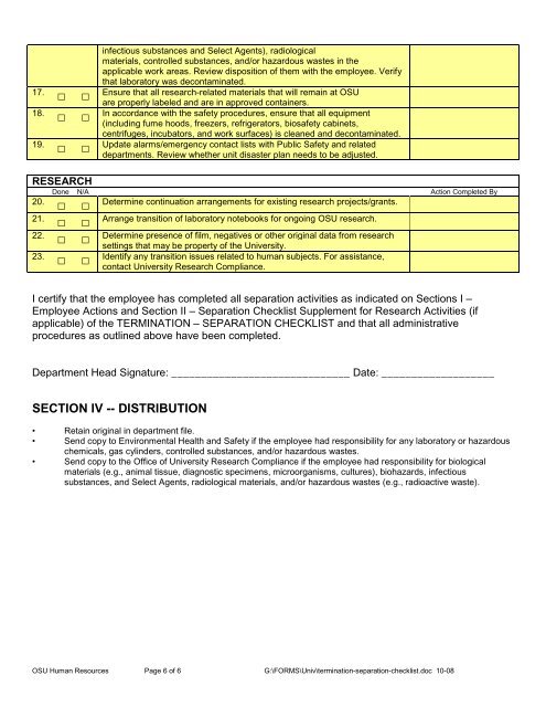 termination â separation checklist - University Research Compliance