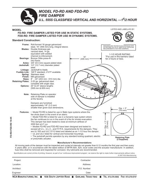 Submittal - True Round Fire Damper - 1-1/2 Hour - FDD-RD - NCA ...