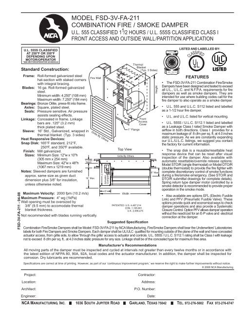 model fsd-3v-fa-211 combination fire / smoke damper - NCA ...