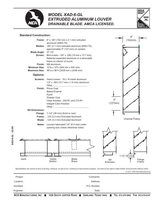 model xad-6-gl extruded aluminum louver - NCA Manufacturing