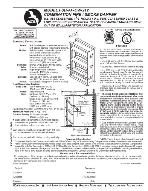 model fsd-af-ow-212 combination fire / smoke damper - NCA ...