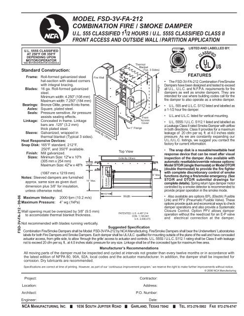 model fsd-3v-fa-212 combination fire / smoke damper - NCA ...