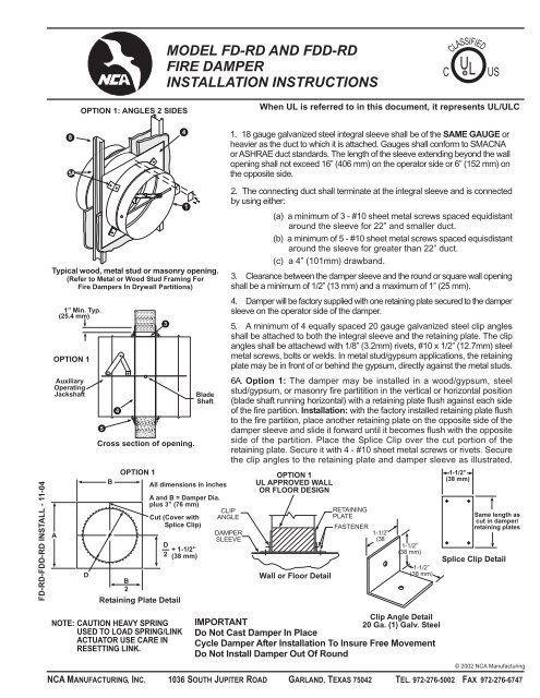 Installation Instructions for Series FD-RD and FDD-RD - NCA ...
