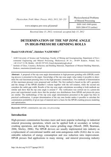 Determination of the nip zone angle in high-pressure grinding rolls