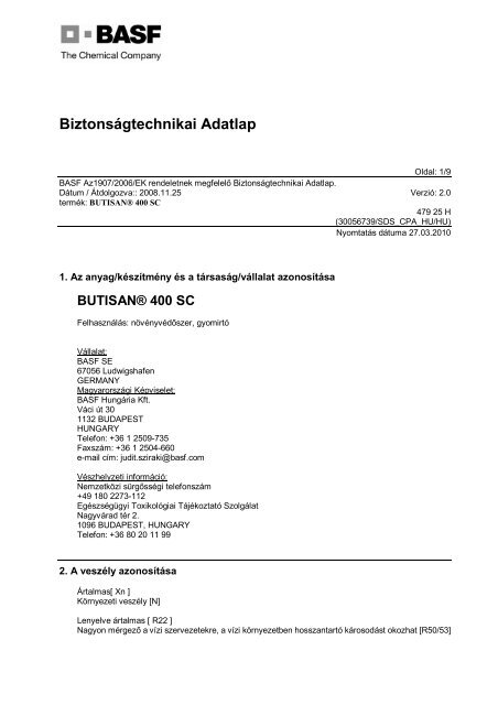 BiztonsÃ¡gtechnikai adatlap (ButisanÂ® 400 SC) - Kwizda