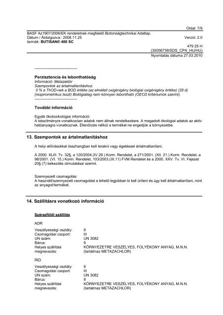 BiztonsÃ¡gtechnikai adatlap (ButisanÂ® 400 SC) - Kwizda