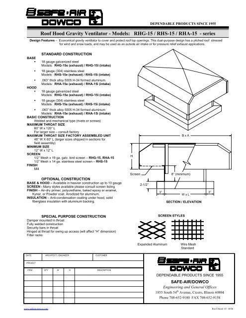 Roof Hood Gravity Ventilator - Models: RHG-15 ... - Safe-Air Dowco