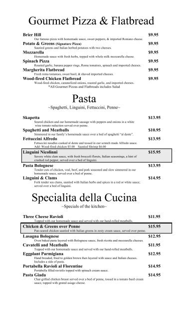 Nicolinnis Ristorante II Lunch Menu Monday through Saturday 11-4 ...