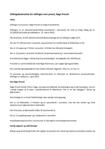 Stillingsbeskrivelse for stillingen som provst, KÃ¸ge Provsti