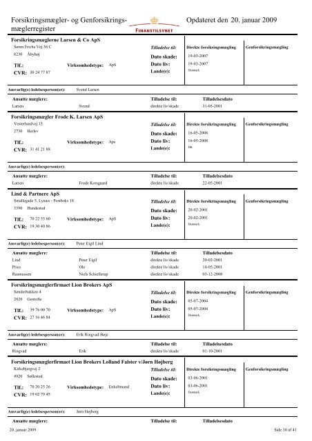 mæglerregister Opdateret den 20. januar 2009