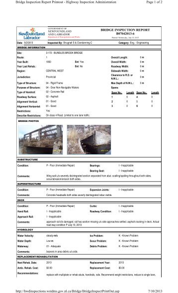 Page 1 of 2 Bridge Inspection Report Printout - Highway Inspection ...