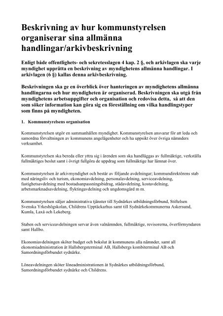 Arkivbeskrivning - Kommunstyrelsen.pdf - Hallsbergs kommun