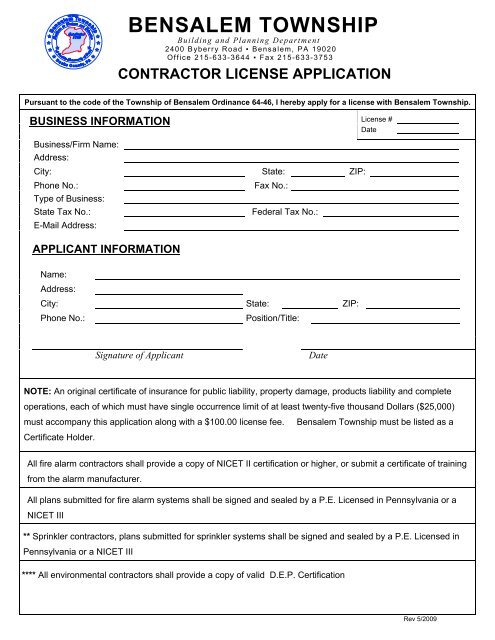 Contractor License Application - Bensalem Township