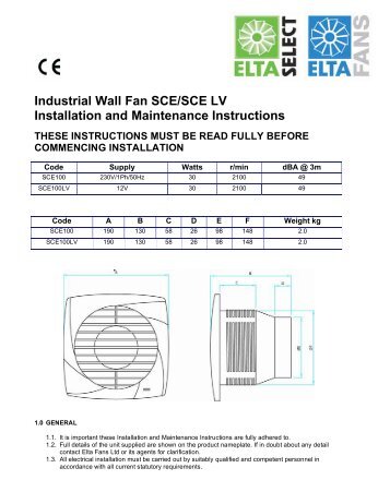 Industrial Wall Fan SCE/SCE LV Installation and ... - Angus Air