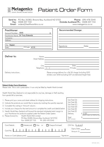 Metagenics order form - Dr Tony Edwards