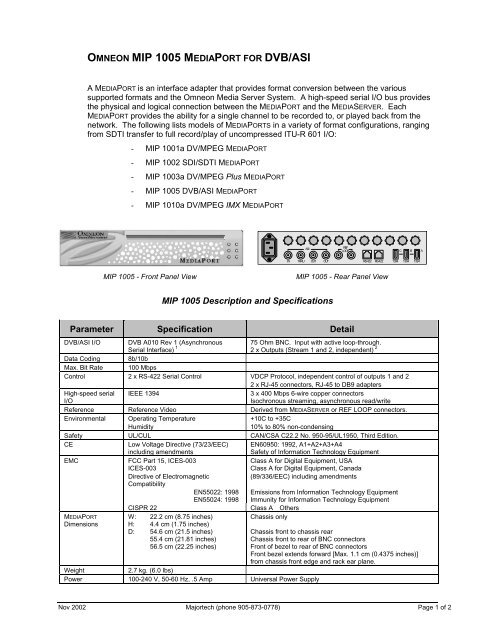 OMNEON MIP 1005 MEDIAPORT FOR DVB/ASI - Majortech