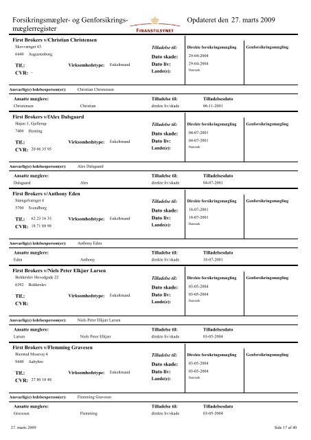 mæglerregister Opdateret den 27. marts 2009