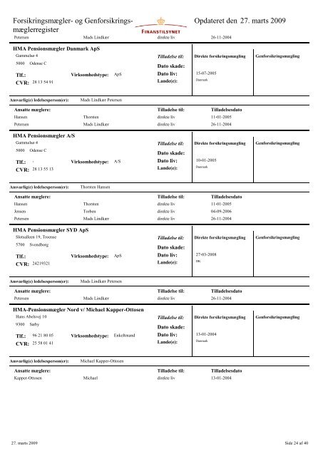 mæglerregister Opdateret den 27. marts 2009