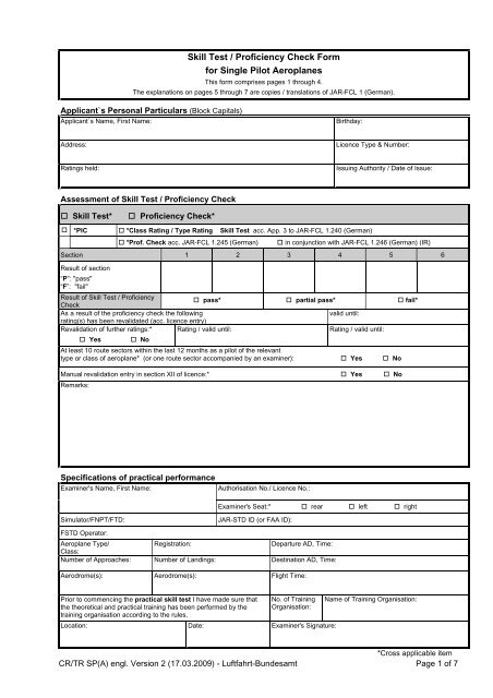 Skill Test / Proficiency Check Form for Single Pilot ...