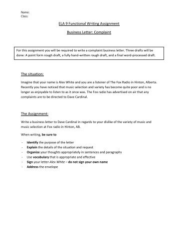 ELA 9 Functional Writing Assignment Business Letter: Complaint ...