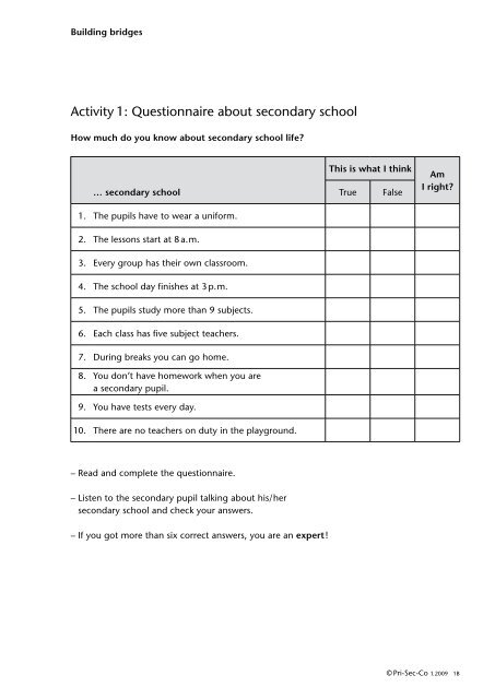 Activity 1: Questionnaire about secondary school