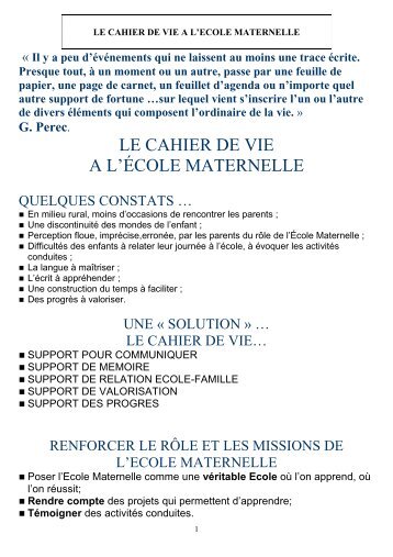 LE CAHIER DE VIE A L'ÃCOLE MATERNELLE - Www5.ac-lille.fr