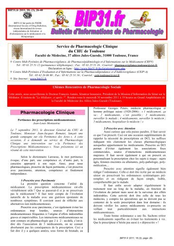 BIP31.fr 2011, 18, (3) - Bulletins d'Informations de Pharmacologie