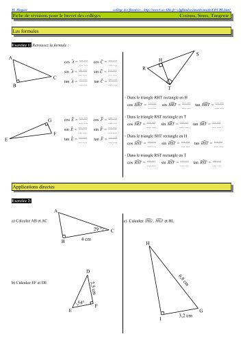 Fiche de rÃ©visions pour le brevet des collÃ¨ges Cosinus ... - Maths