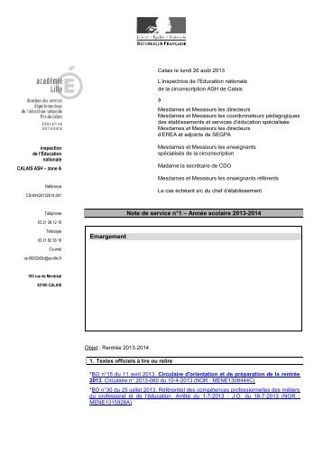 Note de service nÂ°1 â AnnÃ©e scolaire 2013-2014 ... - Www5.ac-lille.fr
