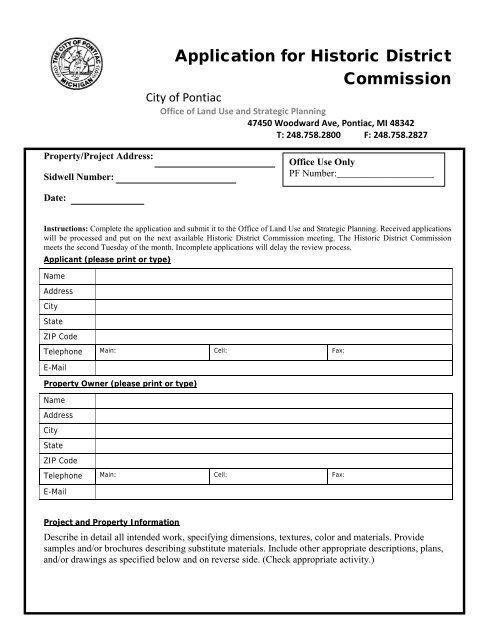 Application for Historic District Commission - City of Pontiac