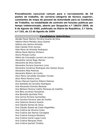 Candidatos Admitidos - Autoridade para as CondiÃ§Ãµes do Trabalho