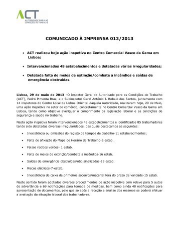 ACT realizou aÃ§Ã£o inspetiva no Centro Comercial Vasco da Gama ...