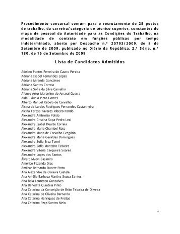 Lista de Candidatos Admitidos - Autoridade para as CondiÃ§Ãµes do ...