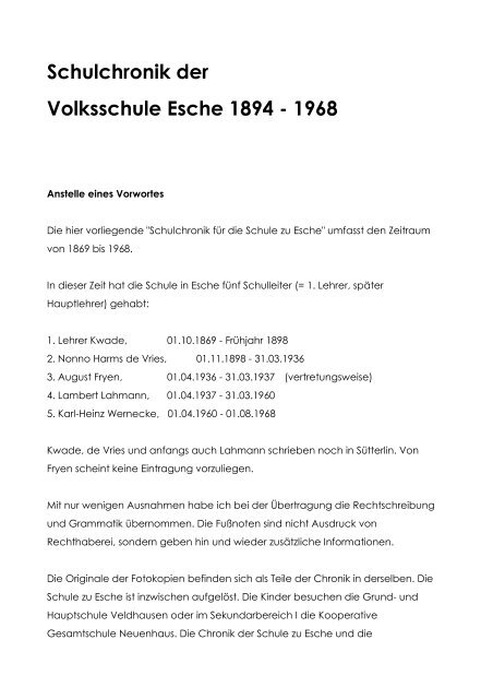 Schulchronik Volksschule Esche 1894 - Die Grafschaft Bentheim im ...