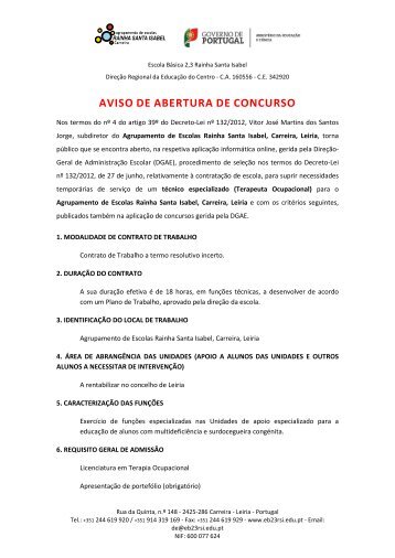 aviso de abertura de concurso - Agrupamento de Escolas RSI