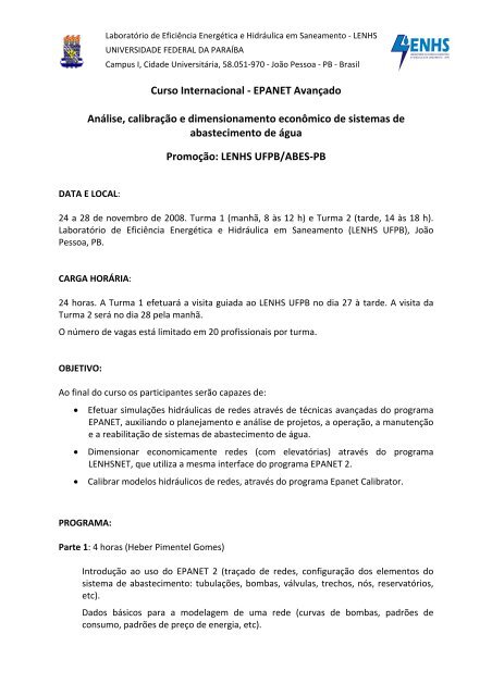 Curso Internacional - EPANET AvanÃ§ado AnÃ¡lise ... - LENHS UFPB