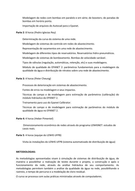 Curso Internacional - EPANET AvanÃ§ado AnÃ¡lise ... - LENHS UFPB