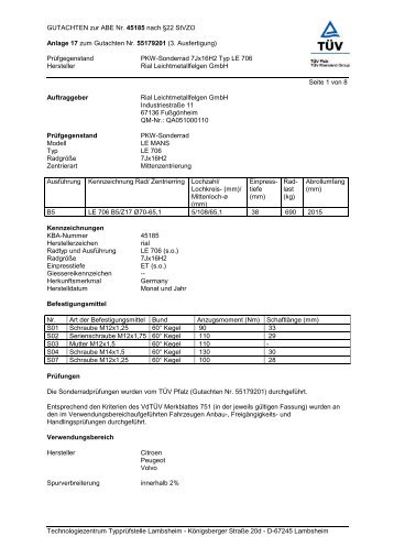 GUTACHTEN zur ABE Nr.  45185 nach §22 StVZO Anlage 17 zum ...