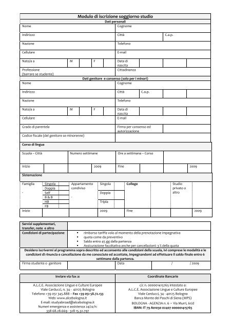 Modulo di iscrizione soggiorno studio - ALCE