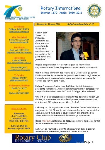 Bulletin nÂ° 37 du 31:3:11 - Rotary Club Le Quesnoy Solesmes - Free