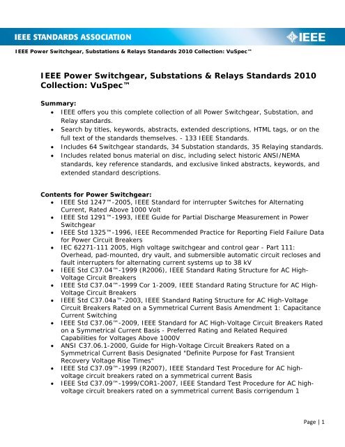 IEEE Power Switchgear, Substations & Relays Standards 2010 ...