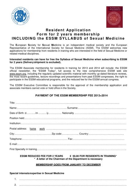 Resident Application Form for 2 years membership ... - ESSM