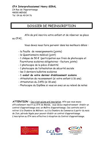 DOSSIER DE PREINSCRIPTION - Chambre rÃ©gionale de mÃ©tiers et ...