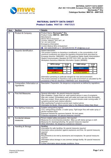 MATERIAL SAFETY DATA SHEET Product Codes MW730 â MW735/5